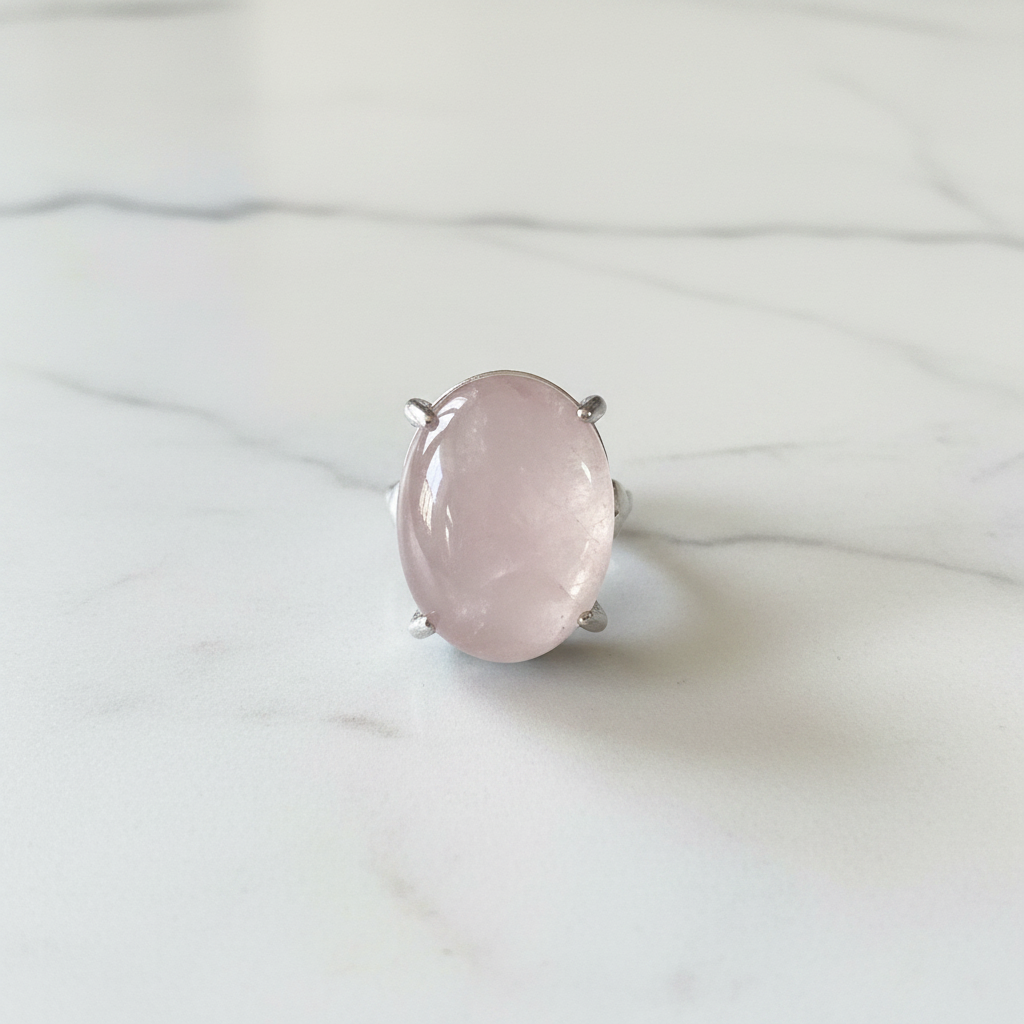 Anello quarzo rosa flatlay marmo