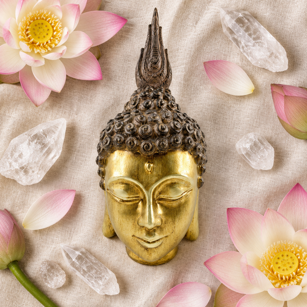 Testa di Buddha su lino con fiori di loto e cristalli