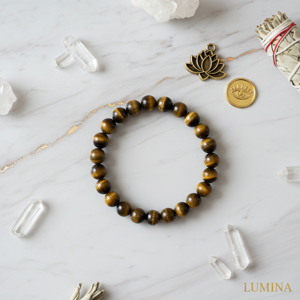 Bracciale Occhio di Tigre 8mm - flat lay con cristalli