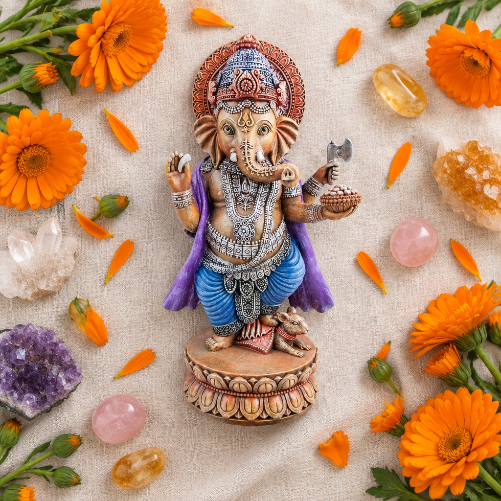 Statua di Ganesh in resina su lino con fiori arancioni e cristalli