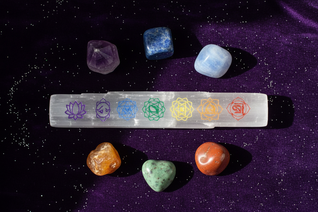 Bacchetta Selenite 7 Chakra - Flat Lay Crystal Healing