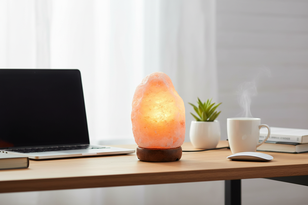 Lampada di sale Himalaya sulla scrivania home office