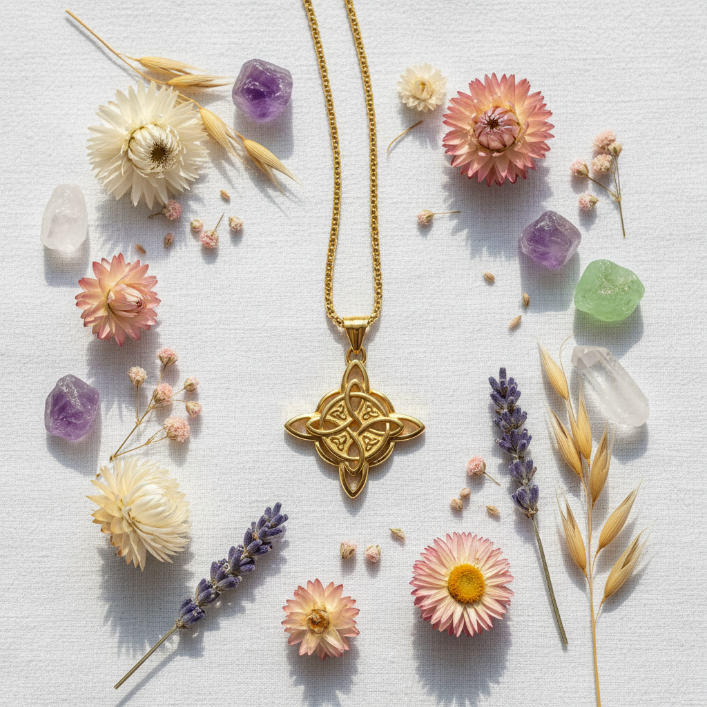 Collana Nodo della Strega gold - composizione con fiori e cristalli