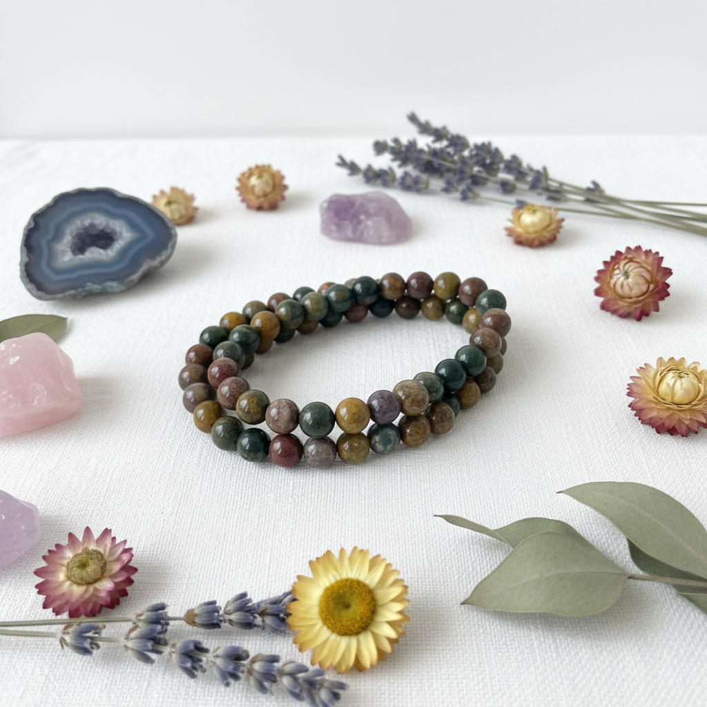 Bracciale Diaspro Oceano - Flat lay editoriale