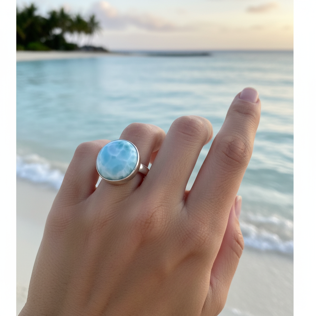 Anello Larimar Naturale Rotondo indossato