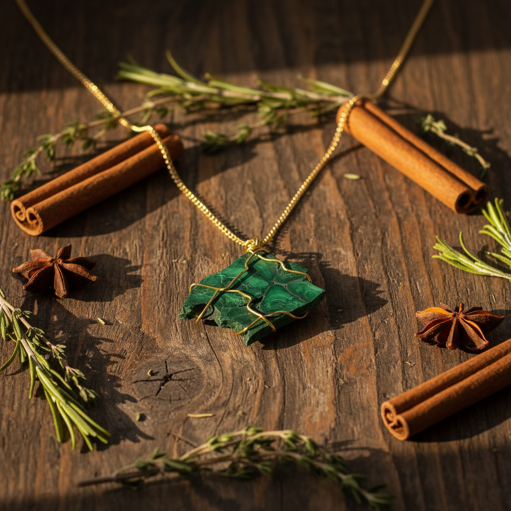Collana Malachite Grezza Grande Artigianale - sfondo legno rustico
