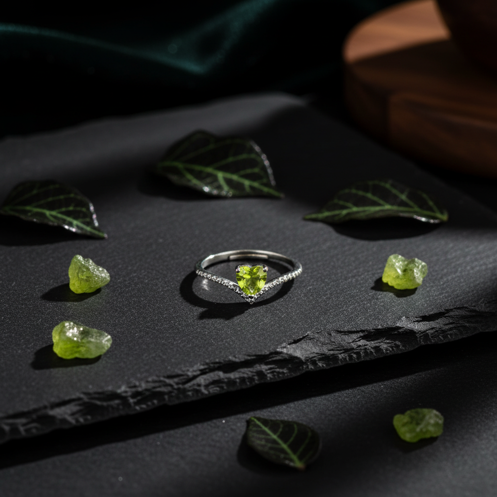 Anello coroncina peridoto su ardesia scura con cristalli verdi