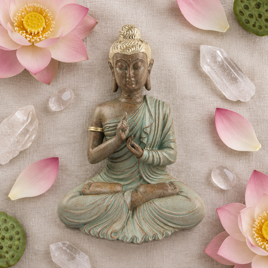 Buddha in resina su lino chiaro con fiori di loto e cristalli