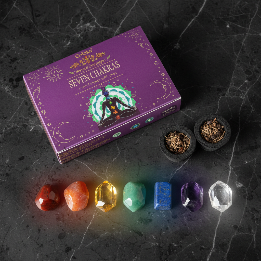 Flatlay marmo con cristalli chakra