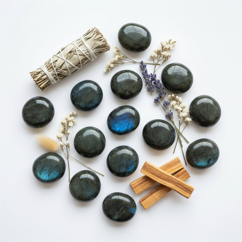 Palmstone labradorite scura - composizione con fiori secchi e salvia