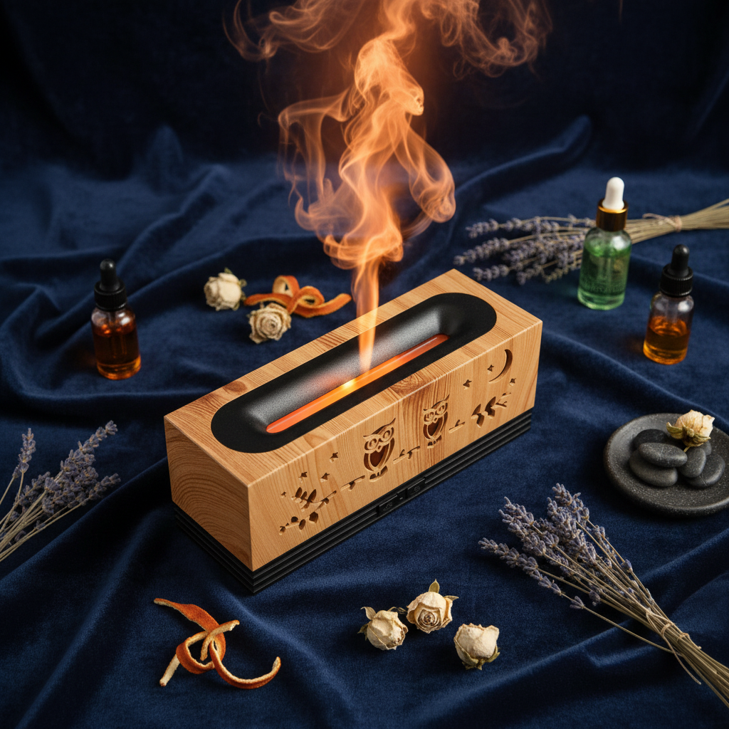 Diffusore gufo luna - flat lay con oli essenziali
