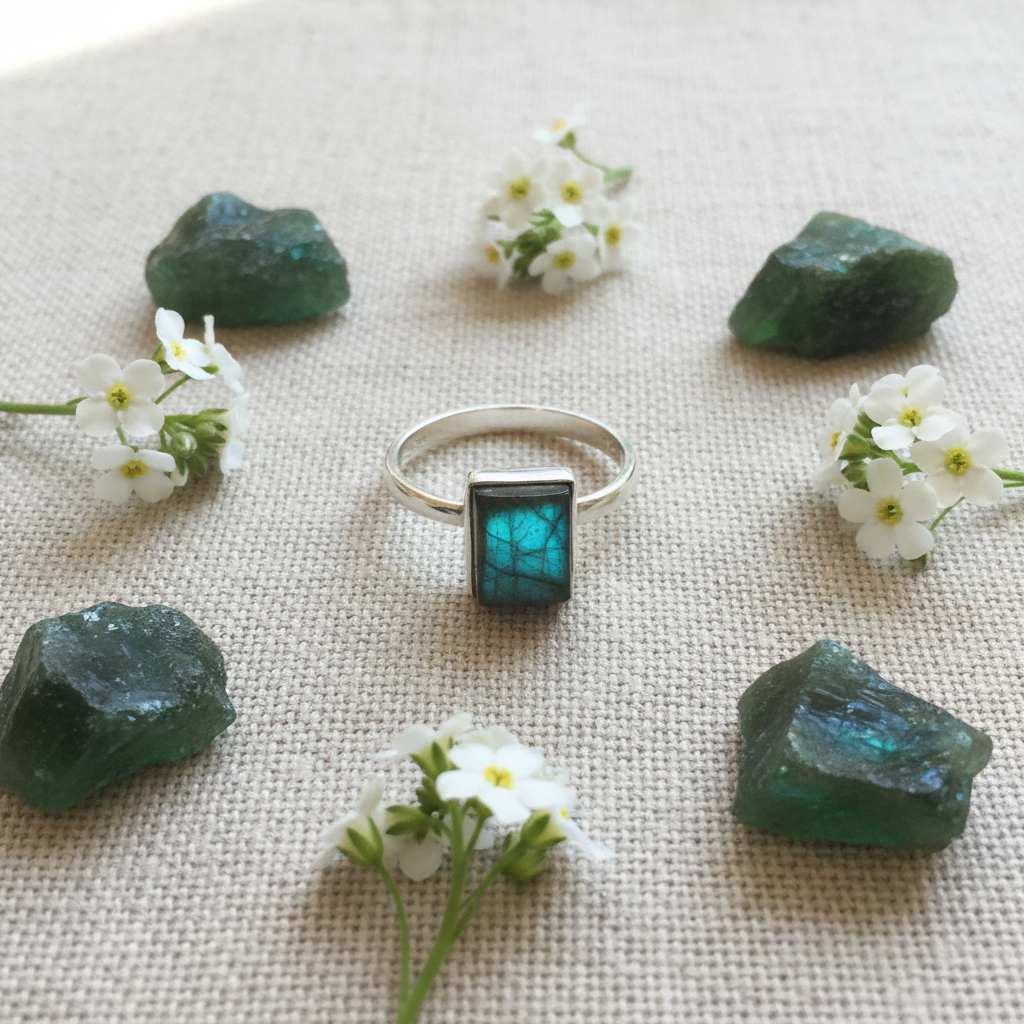 Anello labradorite verde argento con fiori e cristalli