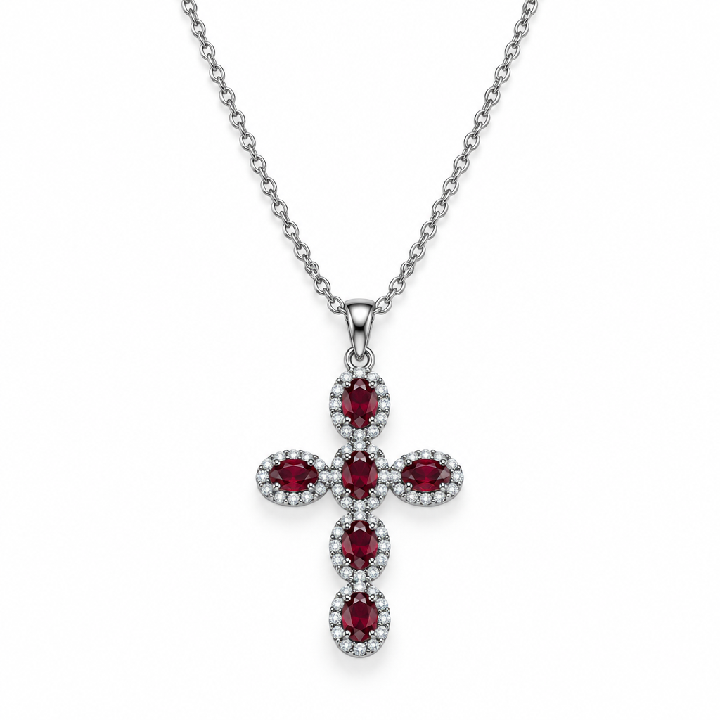 Collana in acciaio inox con croce zirconata rossa