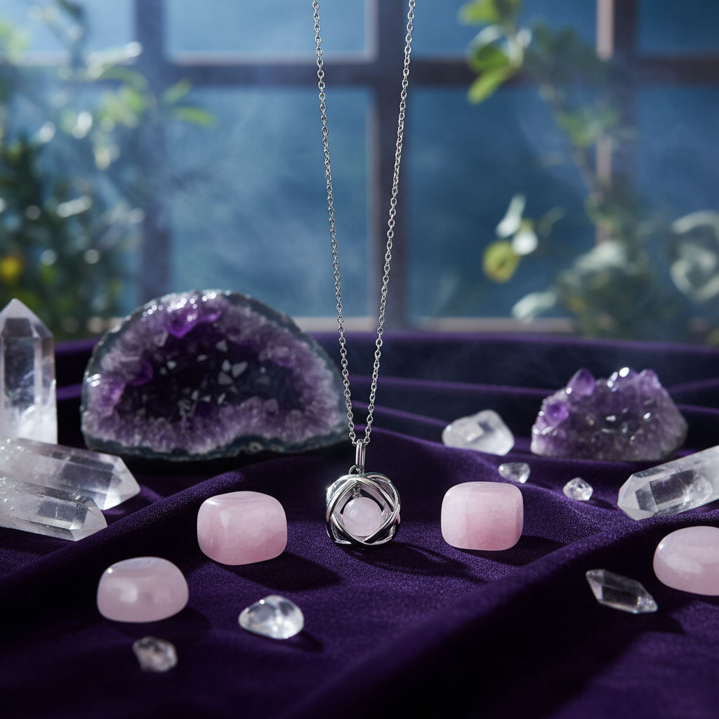 Collana Genesa Quarzo Rosa - sfondo cristalli e ametiste