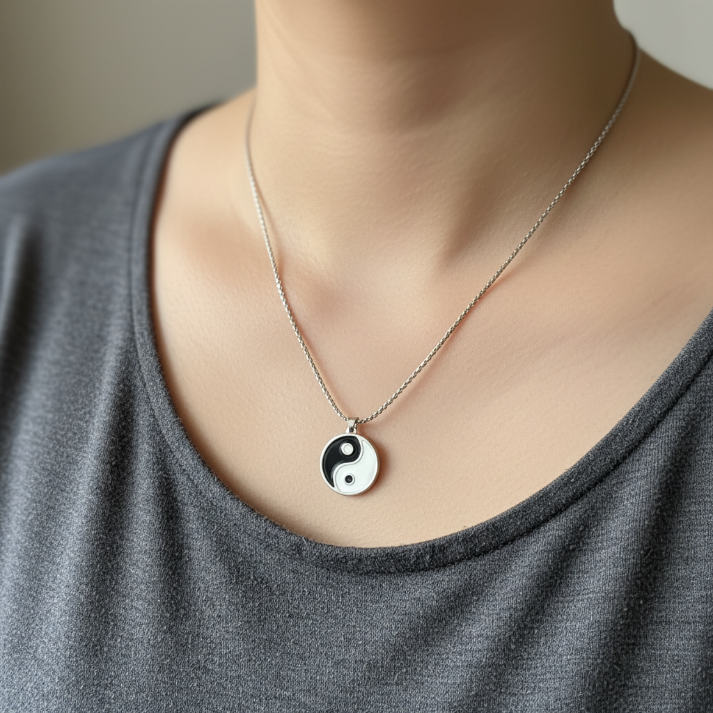 Collana Yin Yang smalto bianco nero indossata al collo