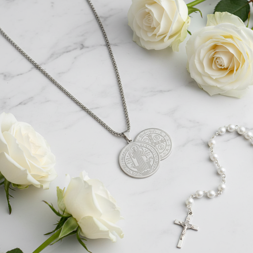 Collana San Benedetto flat lay con rose bianche e rosario