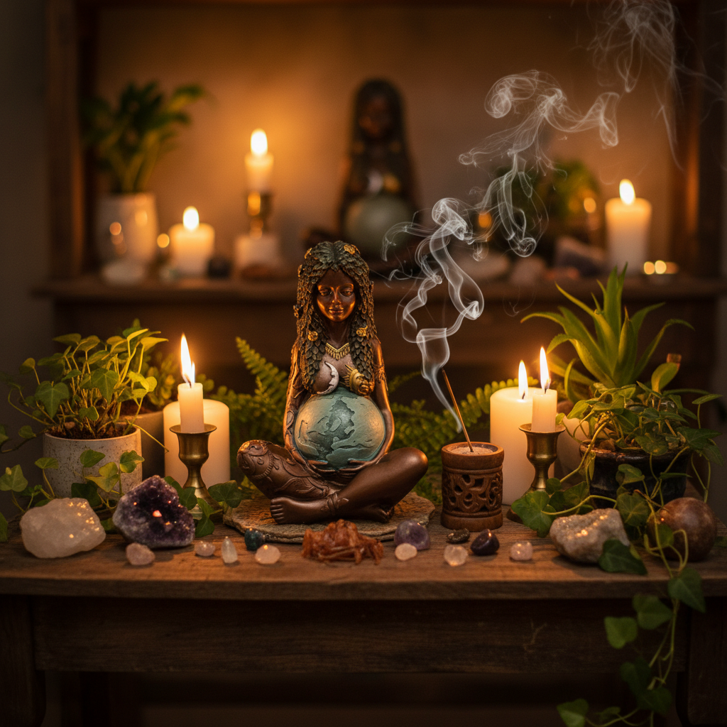 Statua Madre Terra Gaia - altare con candele