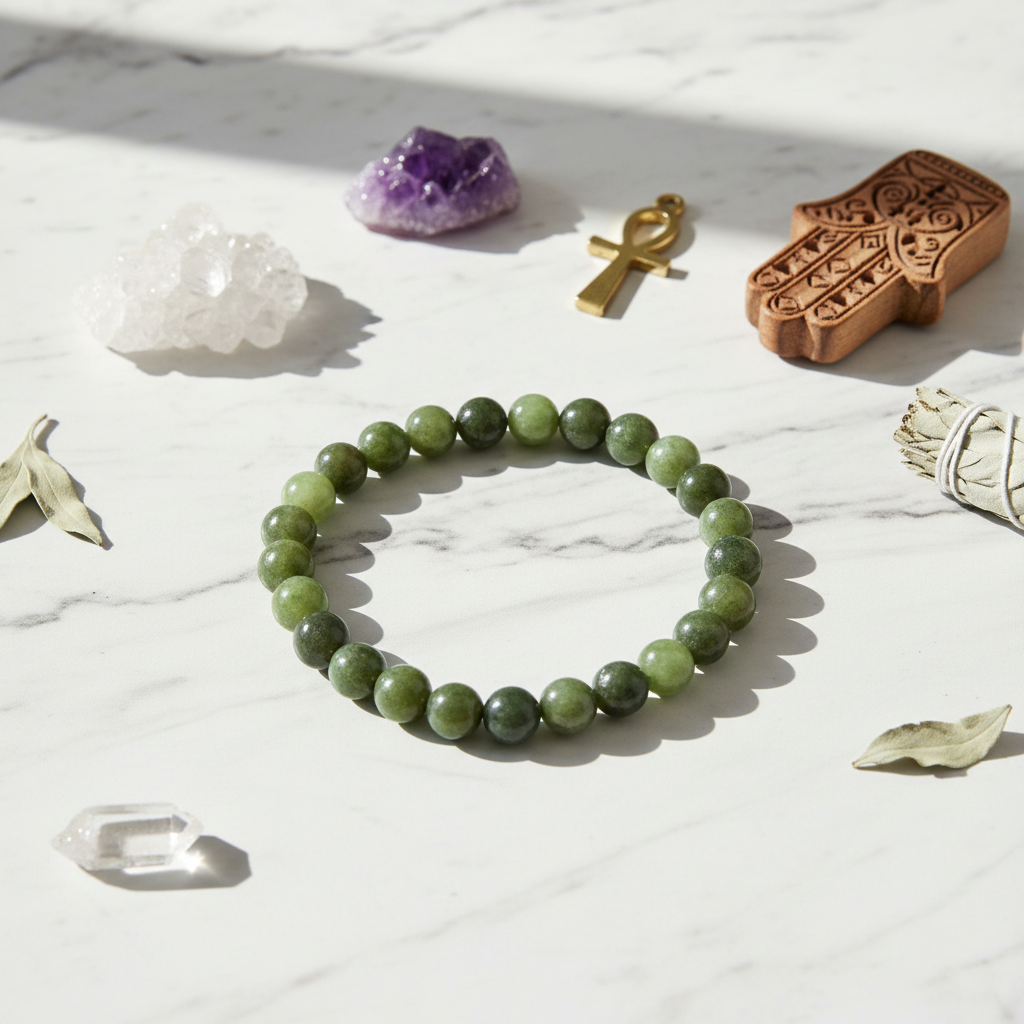 Bracciale Giada Xiu Yan 8mm - flat lay con cristalli