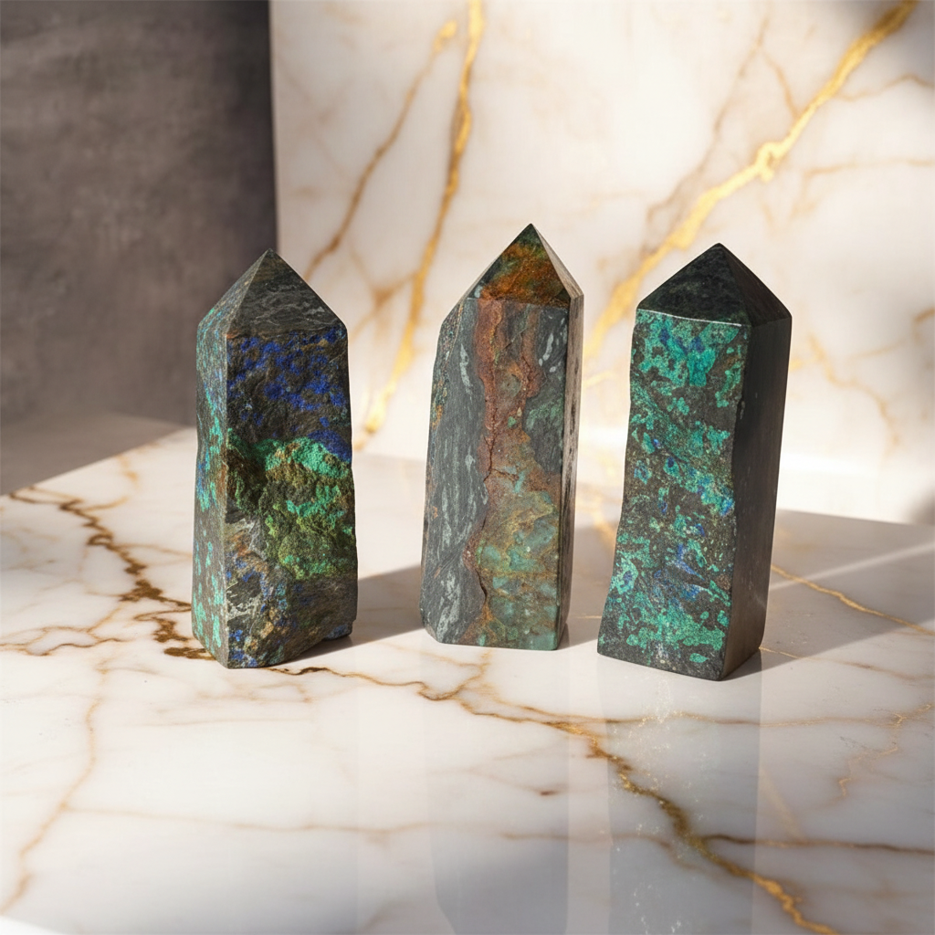 Torri grandi di azzurrite e malachite su sfondo marmo bianco e oro
