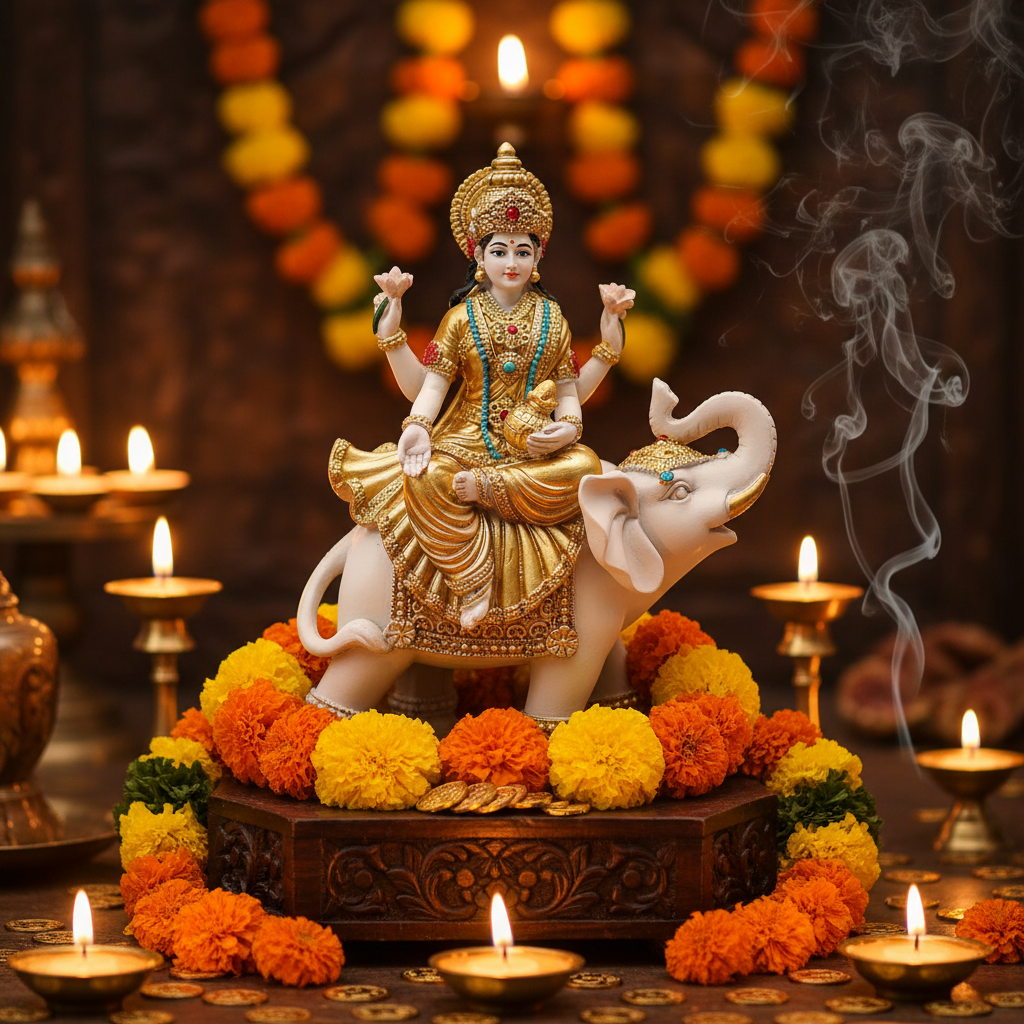 Statua Lakshmi elefante su altare con candele e ghirlanda