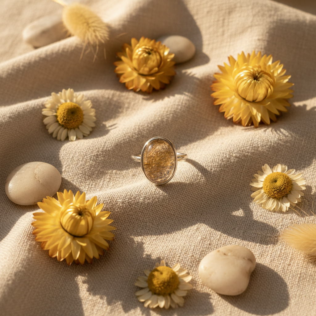 Anello golden quartz flat lay con fiori dorati