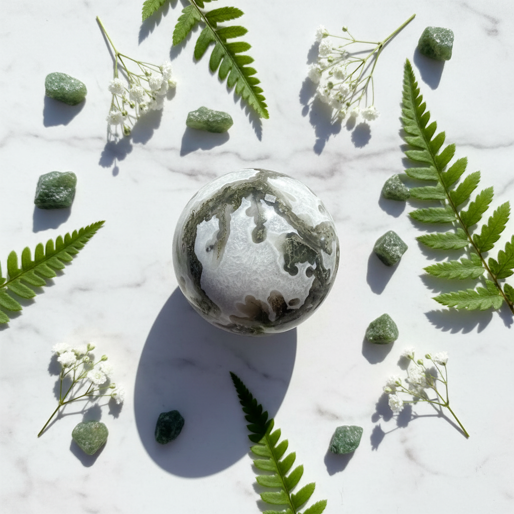 Sfera Agata Muschiata flat lay marmo con felci e fiori