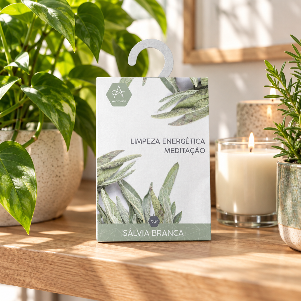 Sacchetto salvia bianca su mensola con piante e candele