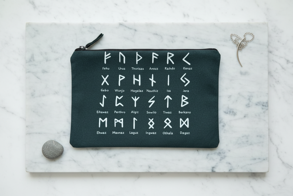Pochette Rune Norrene - flat lay su marmo bianco