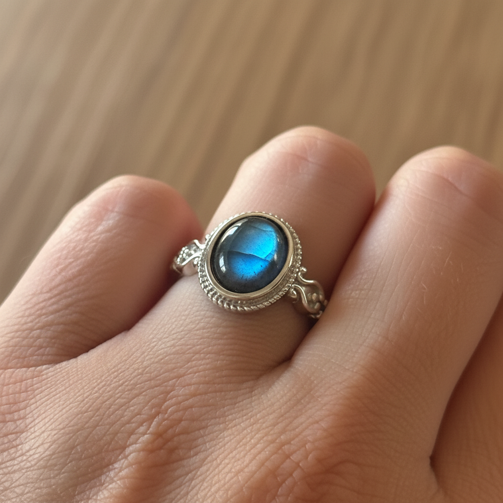 Anello labradorite lifestyle indossato