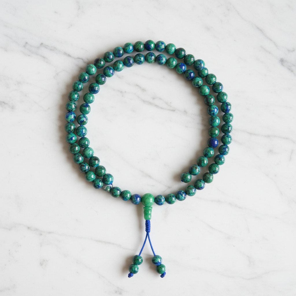 Japamala crisocolla verde-blu - flatlay marmo bianco
