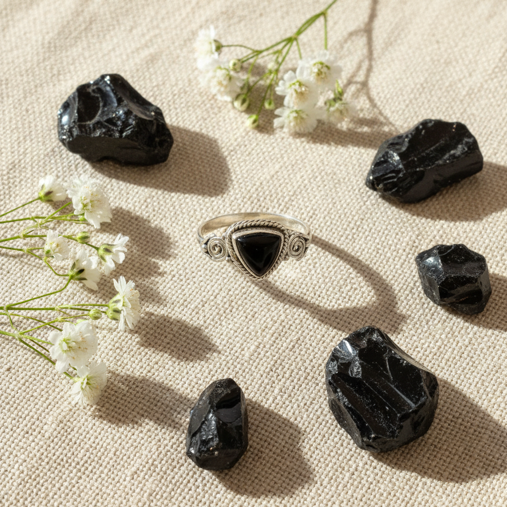 Anello ossidiana nera argento con fiori
