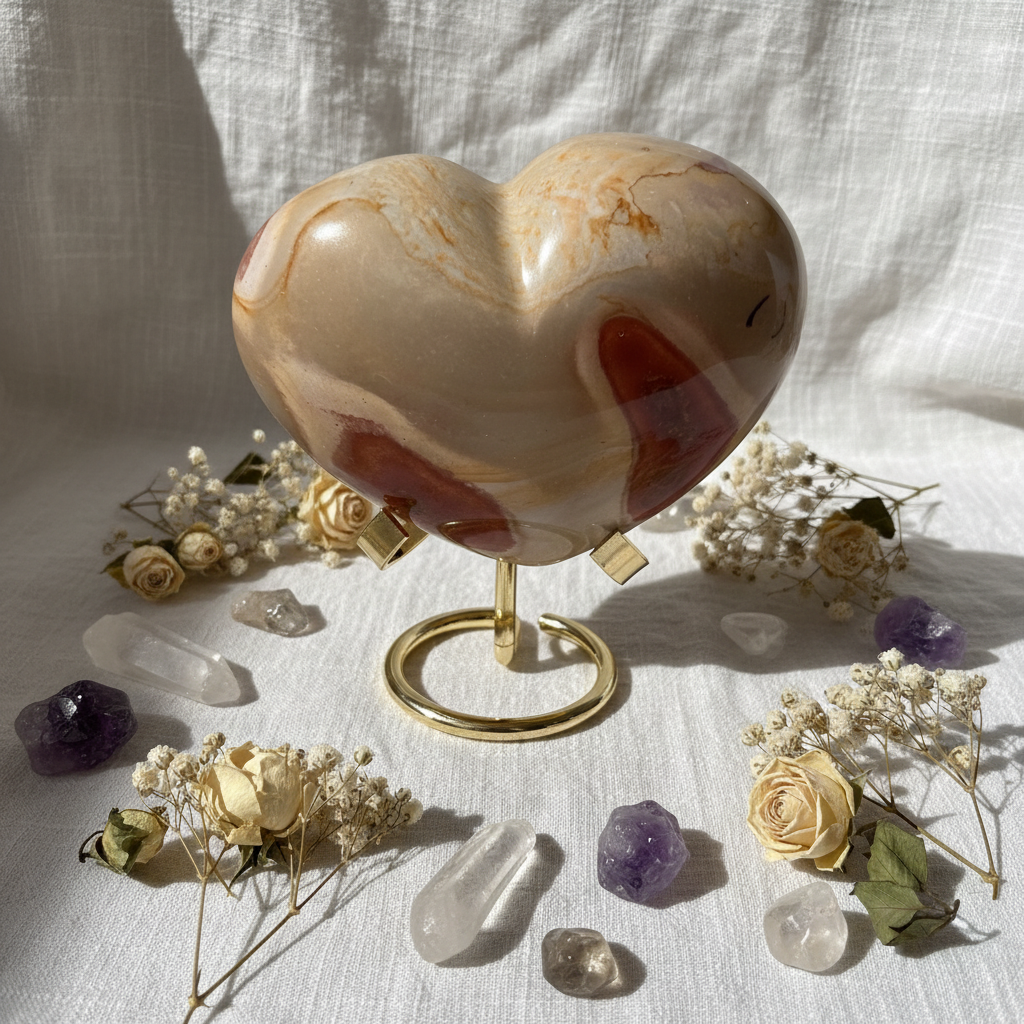 Cuore in Diaspro Oceano con fiori su lino