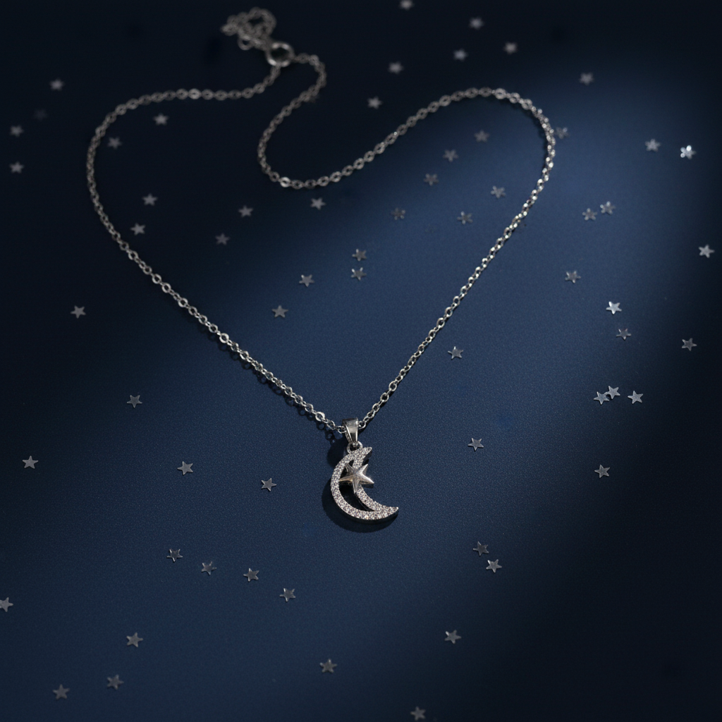 Collana luna e stella zirconi atmosfera notturna sfondo blu