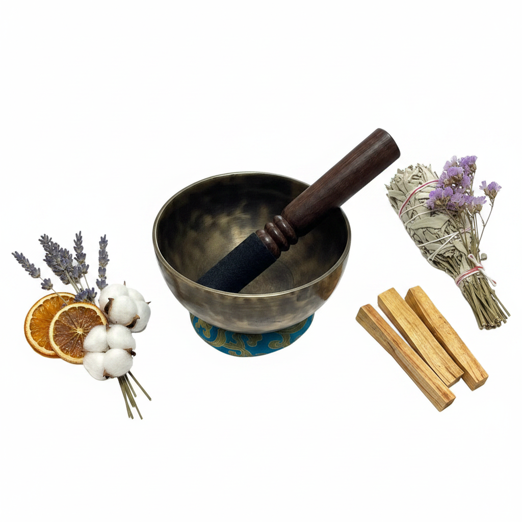 Campana tibetana scura - composizione con fiori secchi e salvia
