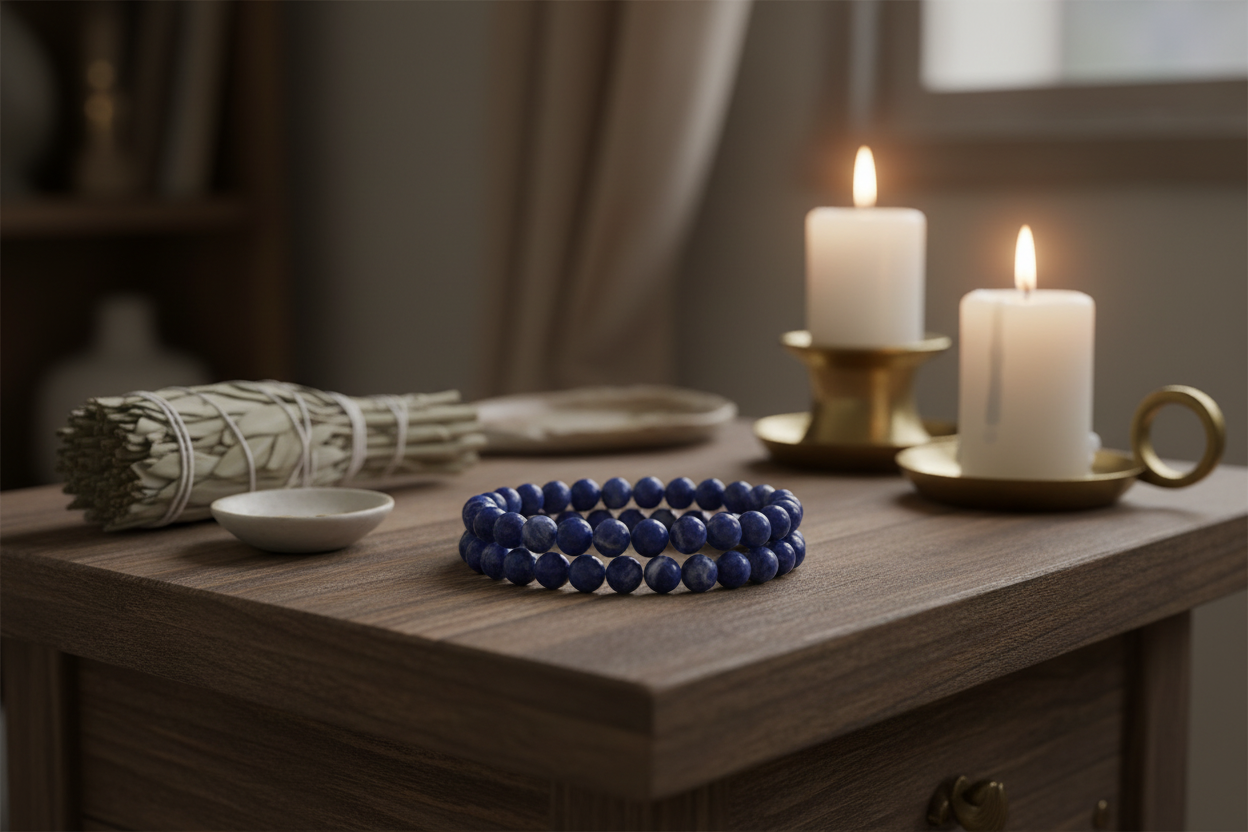 Bracciale sodalite su altare con candele e salvia
