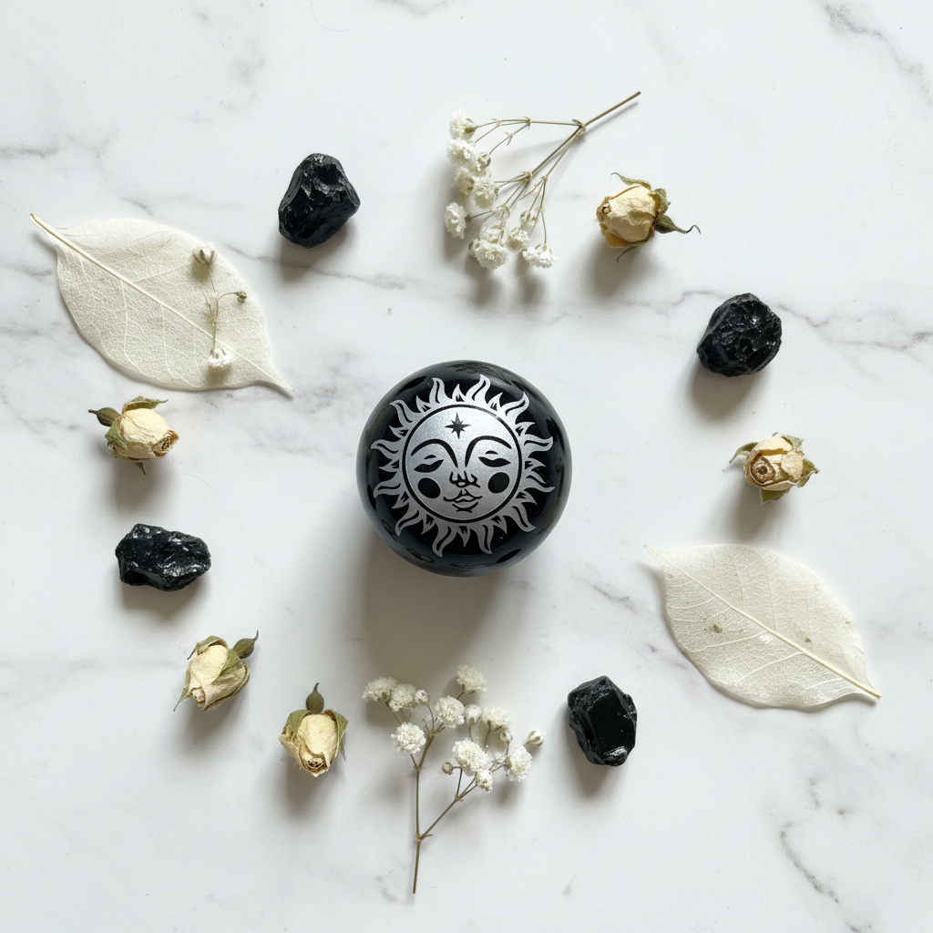 Sfera Ossidiana Nera Serigrafata flat lay marmo