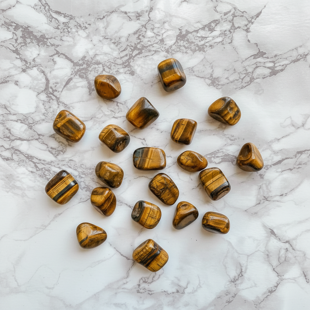 Occhio di tigre tumbled flatlay su marmo