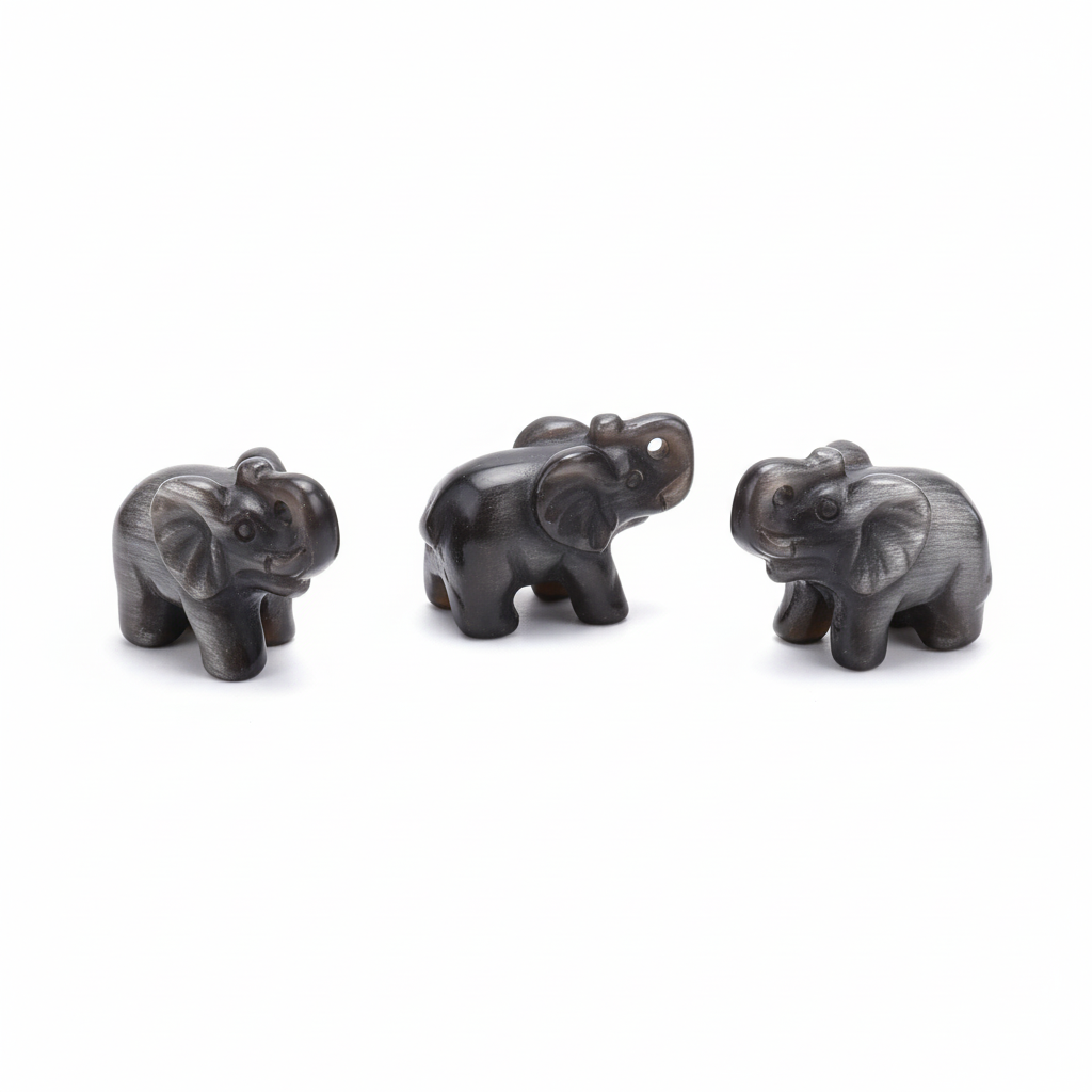 Mini Elefante Ossidiana Silver Sheen sfondo bianco