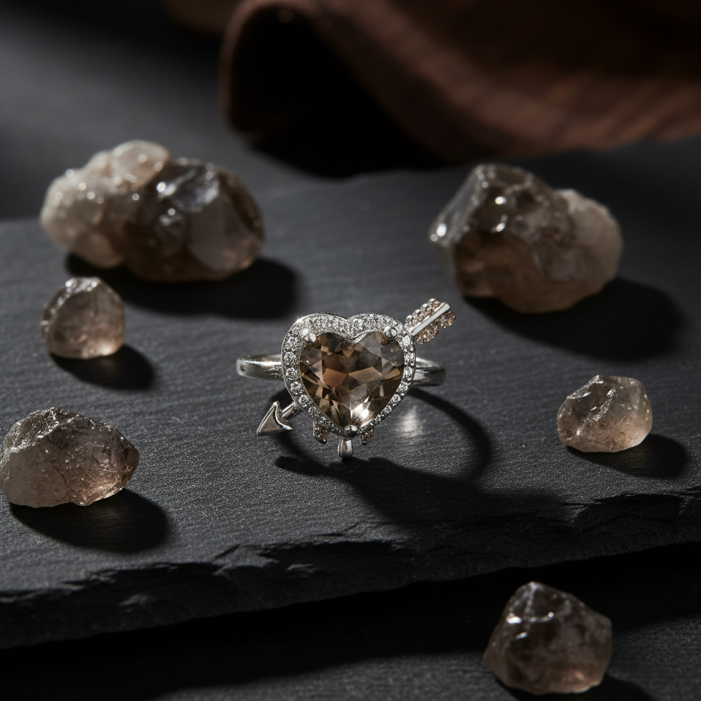 Anello cuore quarzo fumé su ardesia scura con cristalli
