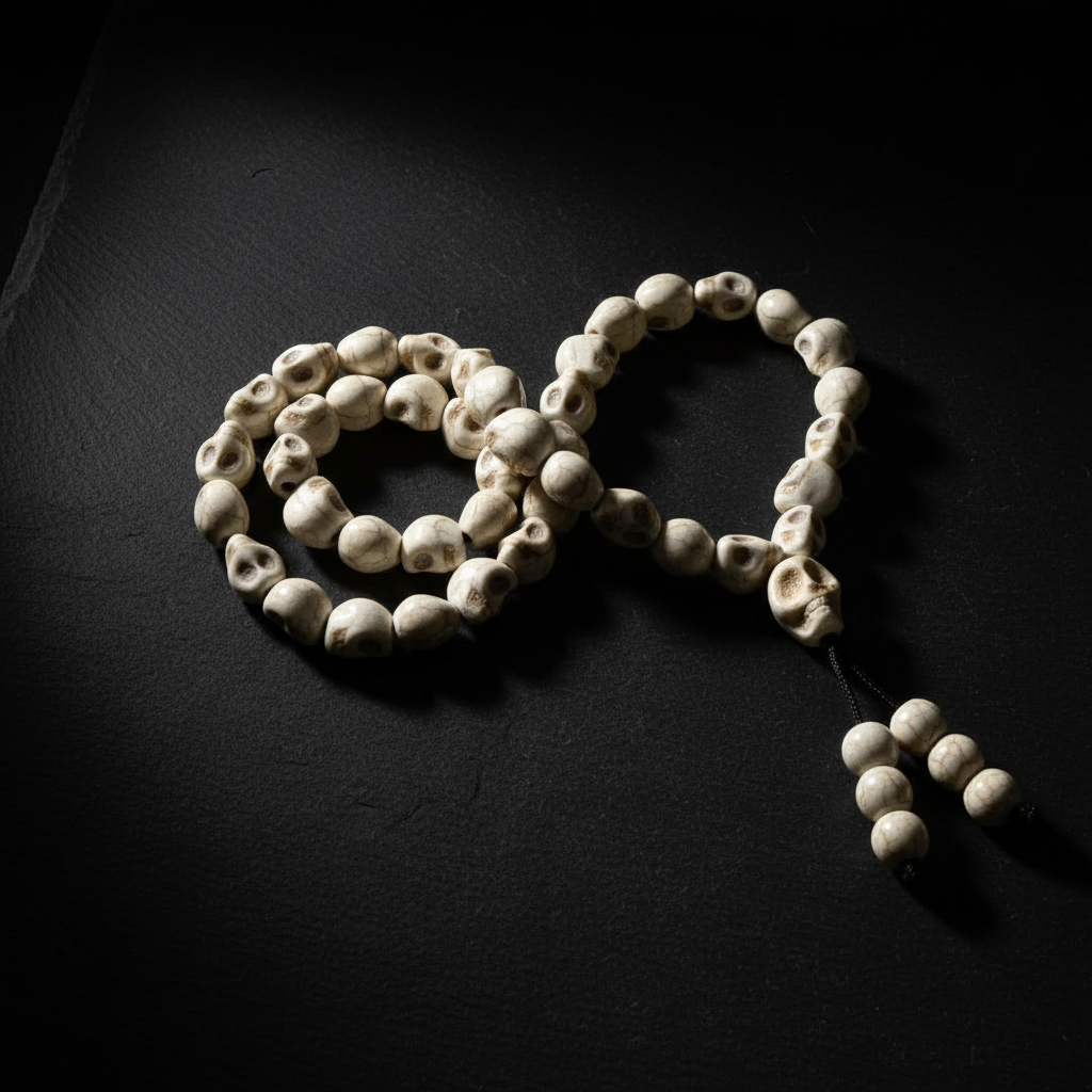 Mala teschi howlite Dea Kali - flatlay su ardesia