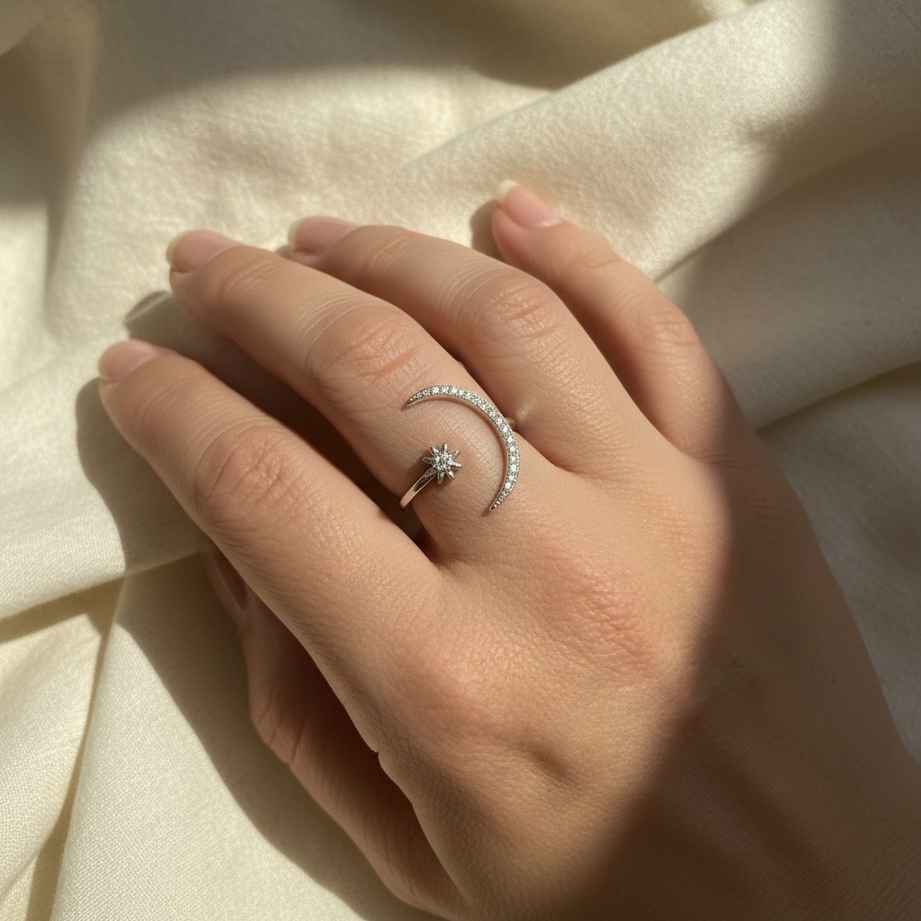 Anello regolabile color argento con sole e luna indossato sulla mano