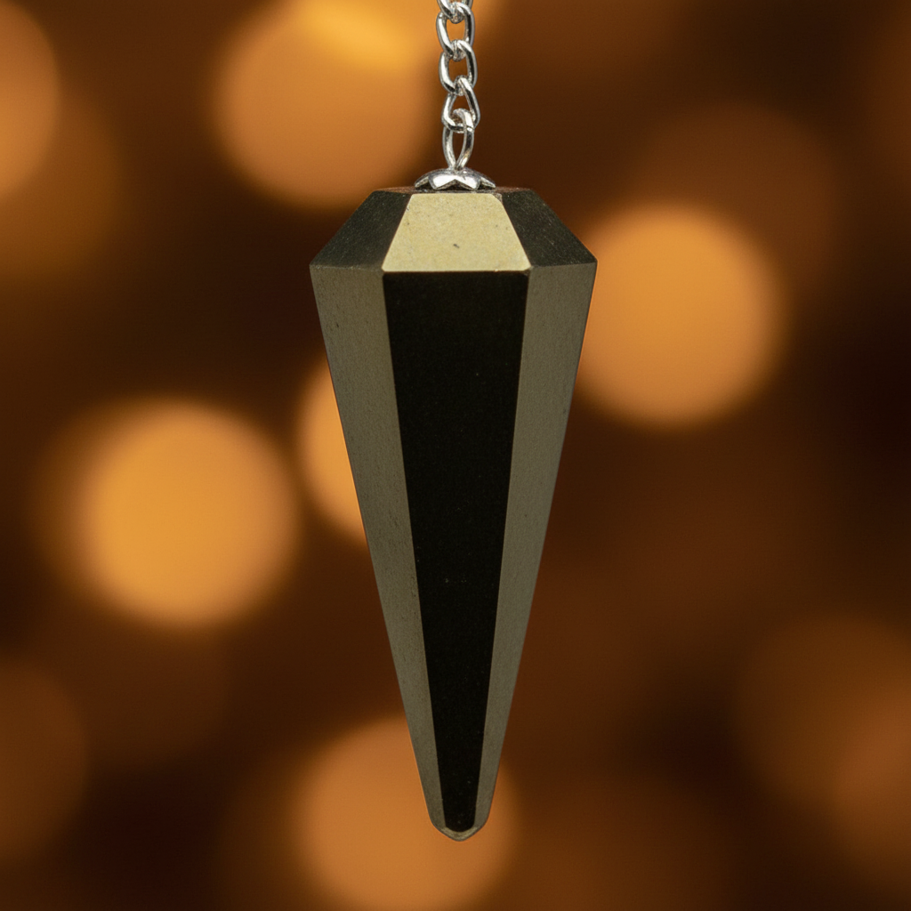 Macro close-up pendolo in pirite con sfaccettature lisce e lucide, riflessi metallici dorati