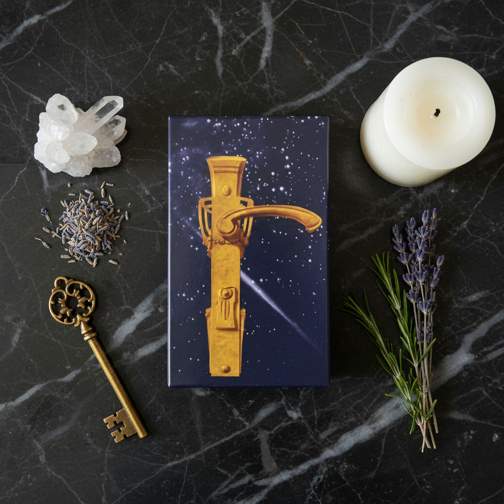 Tarocchi 78 Porte - flatlay marmo con chiave e cristalli