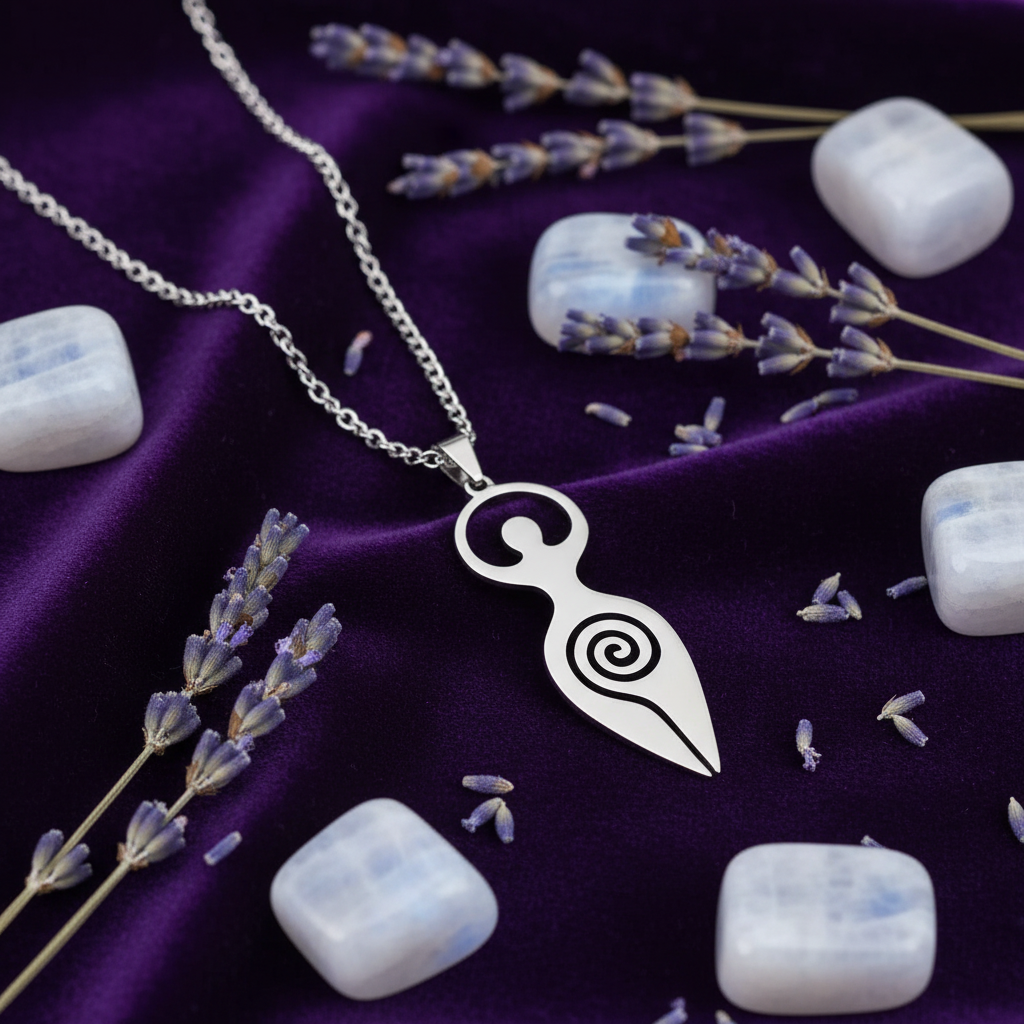 Collana Dea Madre Spirale della Vita - velluto viola con cristalli e lavanda