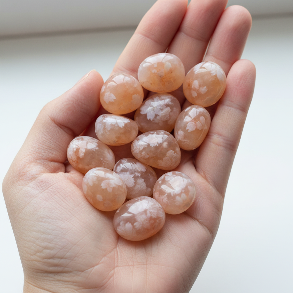 Pietre burattate di agata sakura tenute in mano aperta