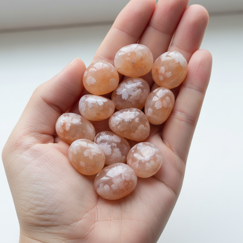 Pietre burattate di agata sakura tenute in mano aperta