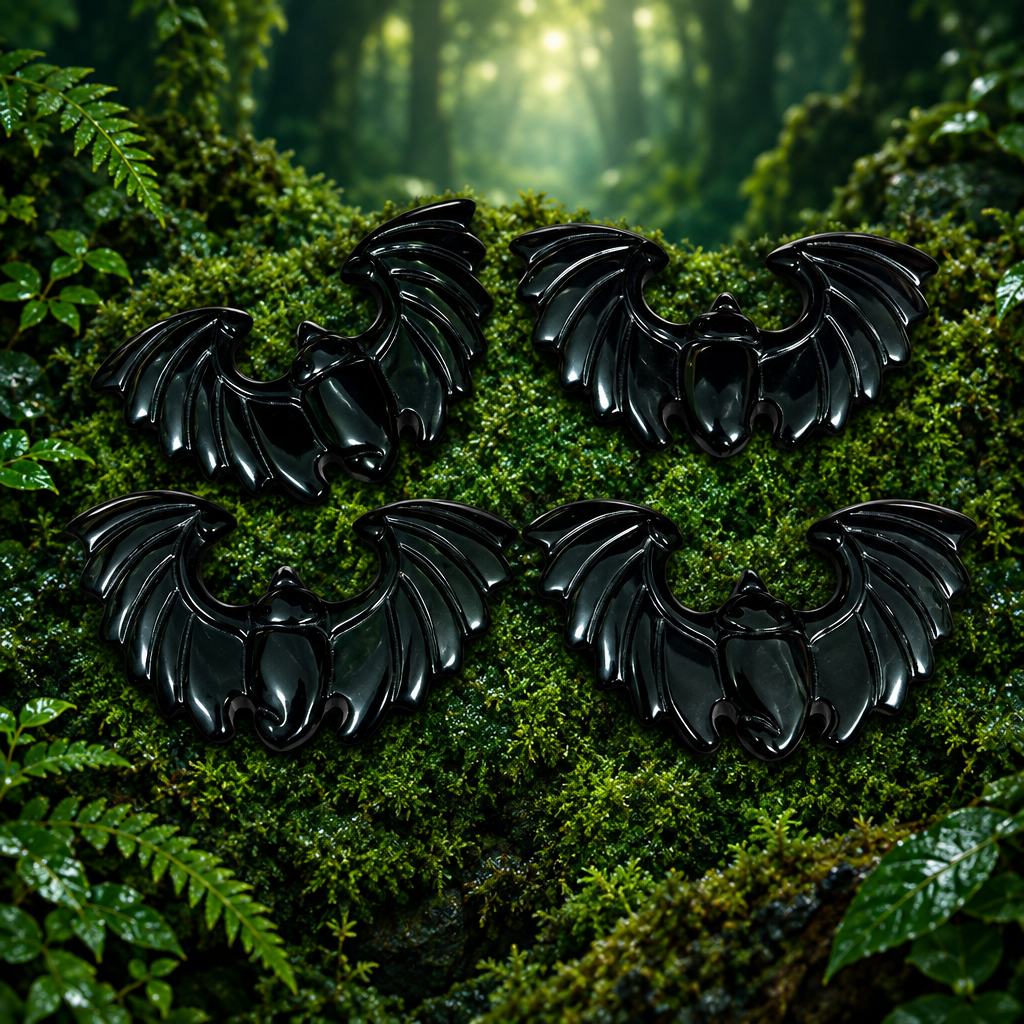 Pipistrelli in ossidiana nera su sfondo verde bosco