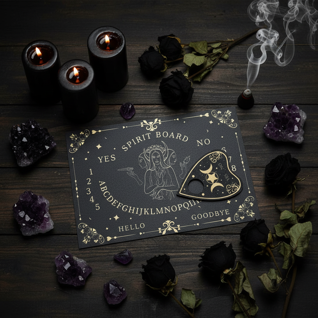 Spirit Board - altare gotico con candele nere e cristalli