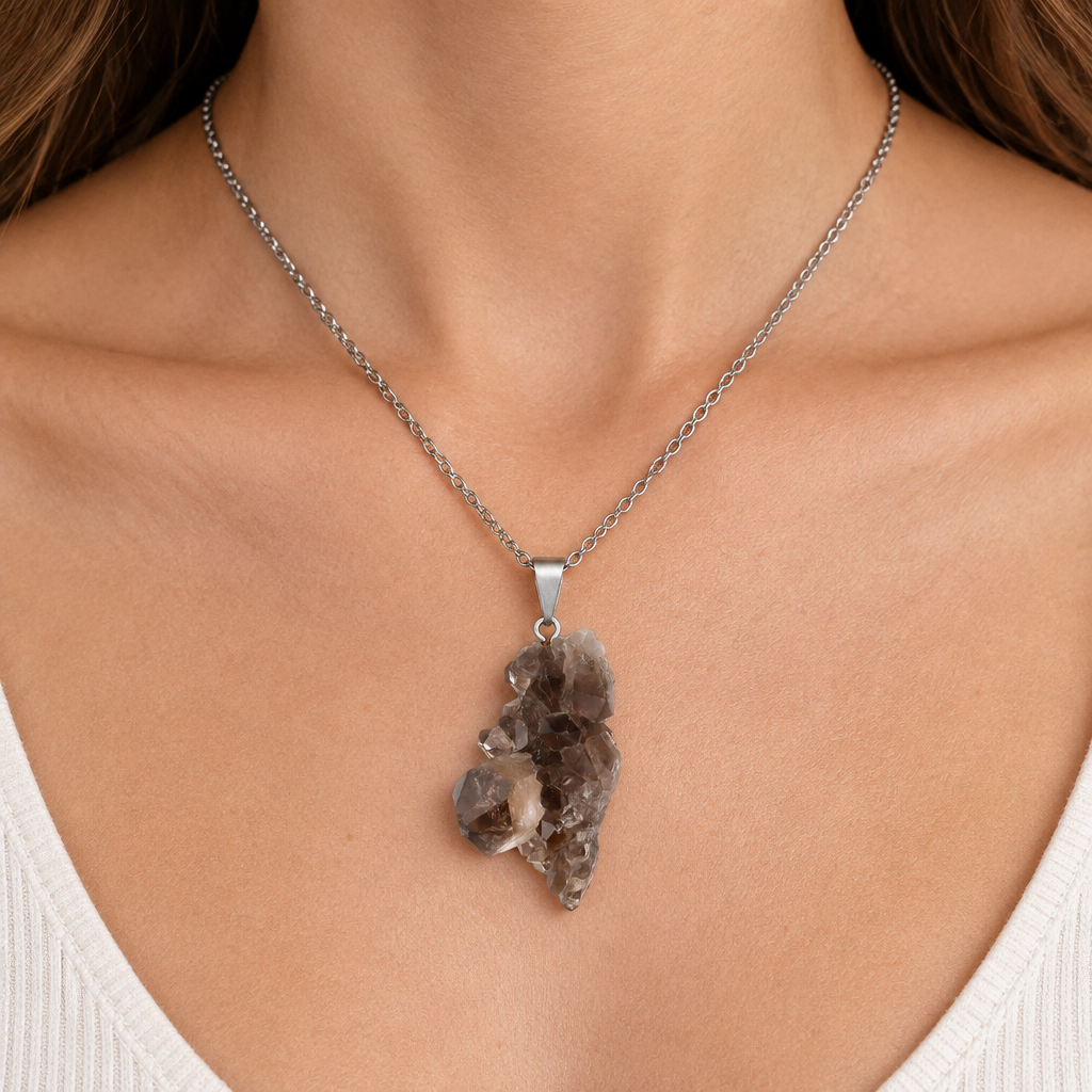 Collana con drusa di quarzo fumé indossata