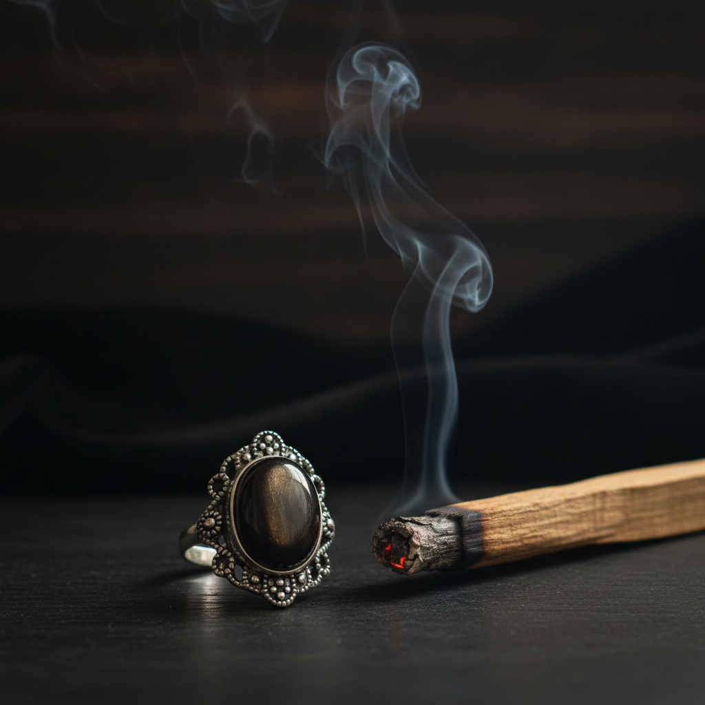 Anello ossidiana gold palo santo